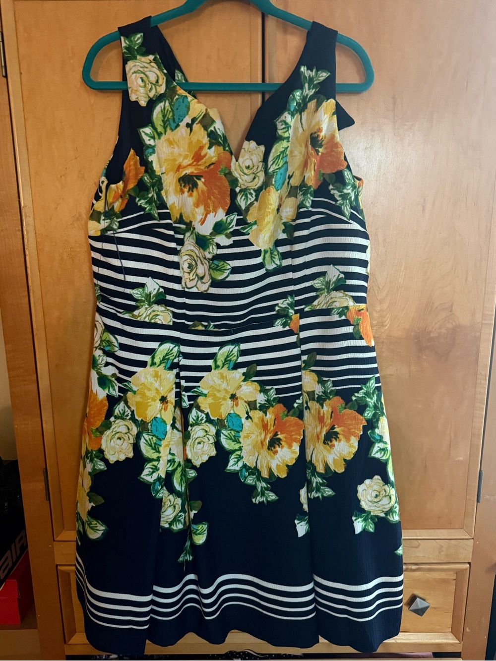 Floral Stripe V-Neck Fit & Flare Dress - Navy & Yellow